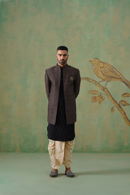 Brown & Black Geometric Jacquard Long Jacket Set