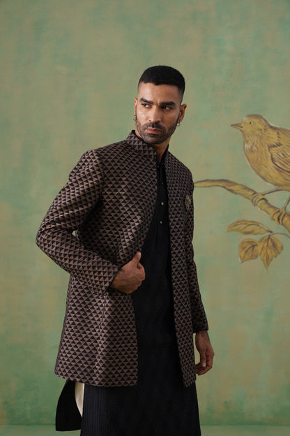 Brown & Black Geometric Jacquard Long Jacket Set