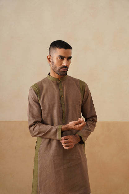Brown Olive Contrast Short Kurta