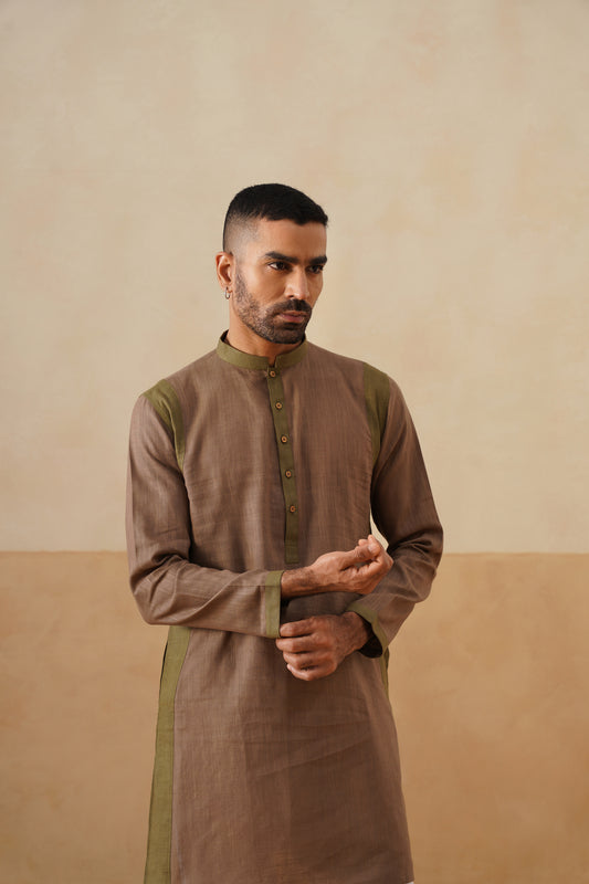 Brown Olive Contrast Short Kurta