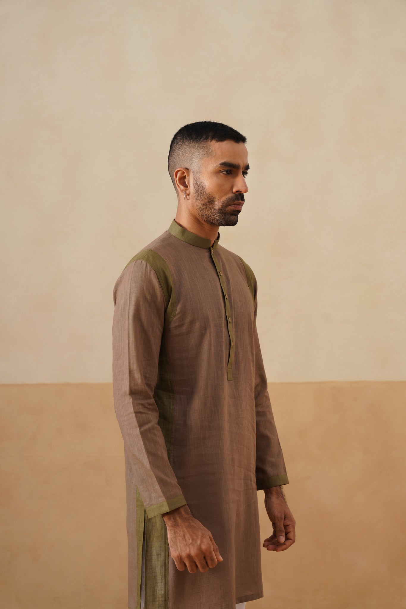 Brown Olive Contrast Short Kurta