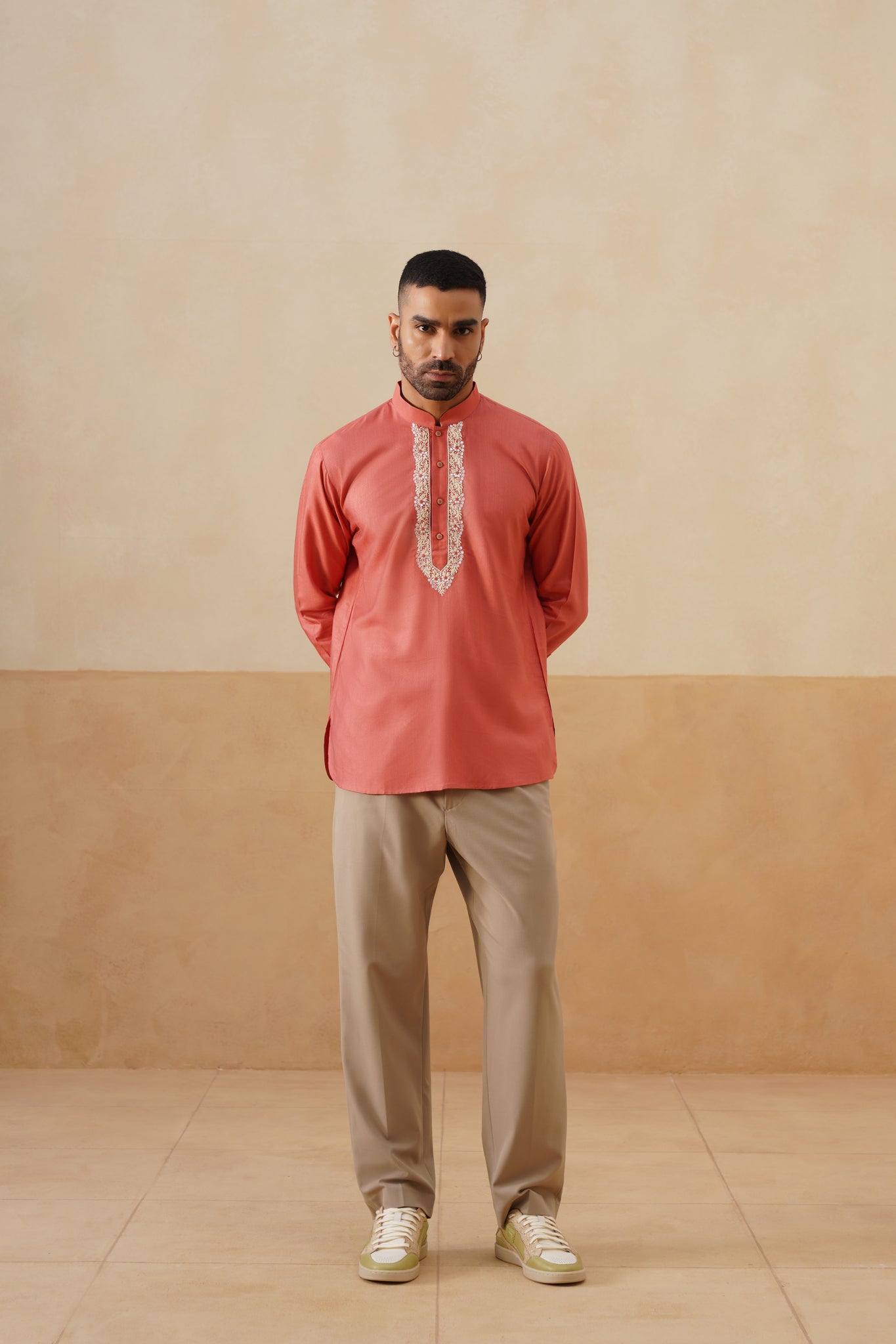 Coral Hand Embroidered Ethnic Shirt