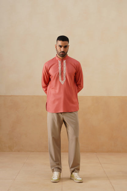 Coral Hand Embroidered Ethnic Shirt