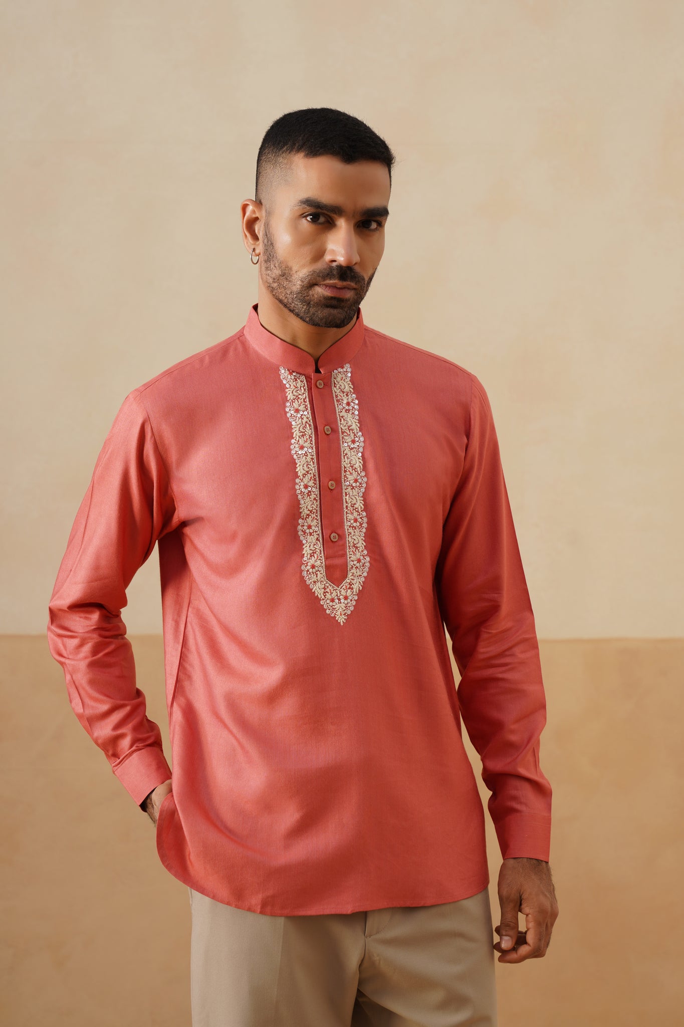 Coral Hand Embroidered Ethnic Shirt