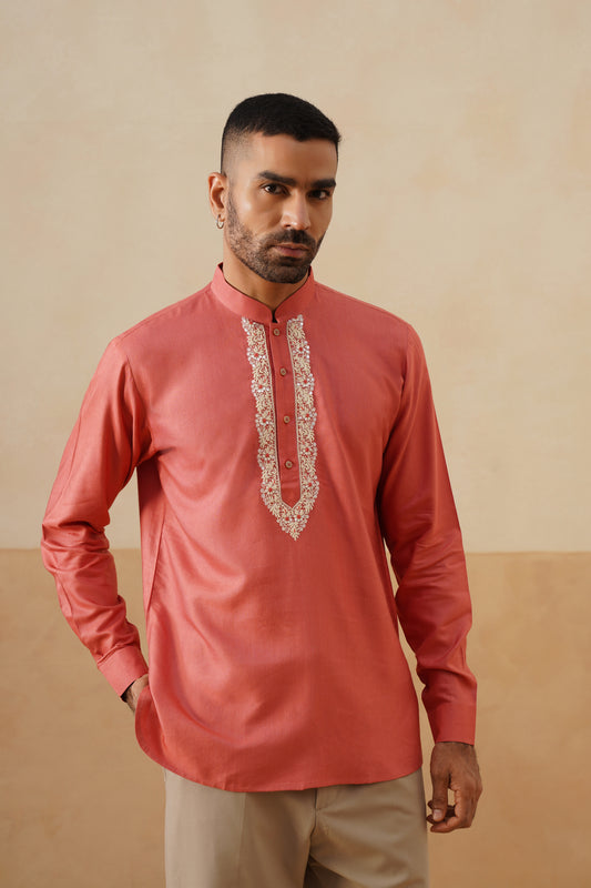 Coral Hand Embroidered Ethnic Shirt