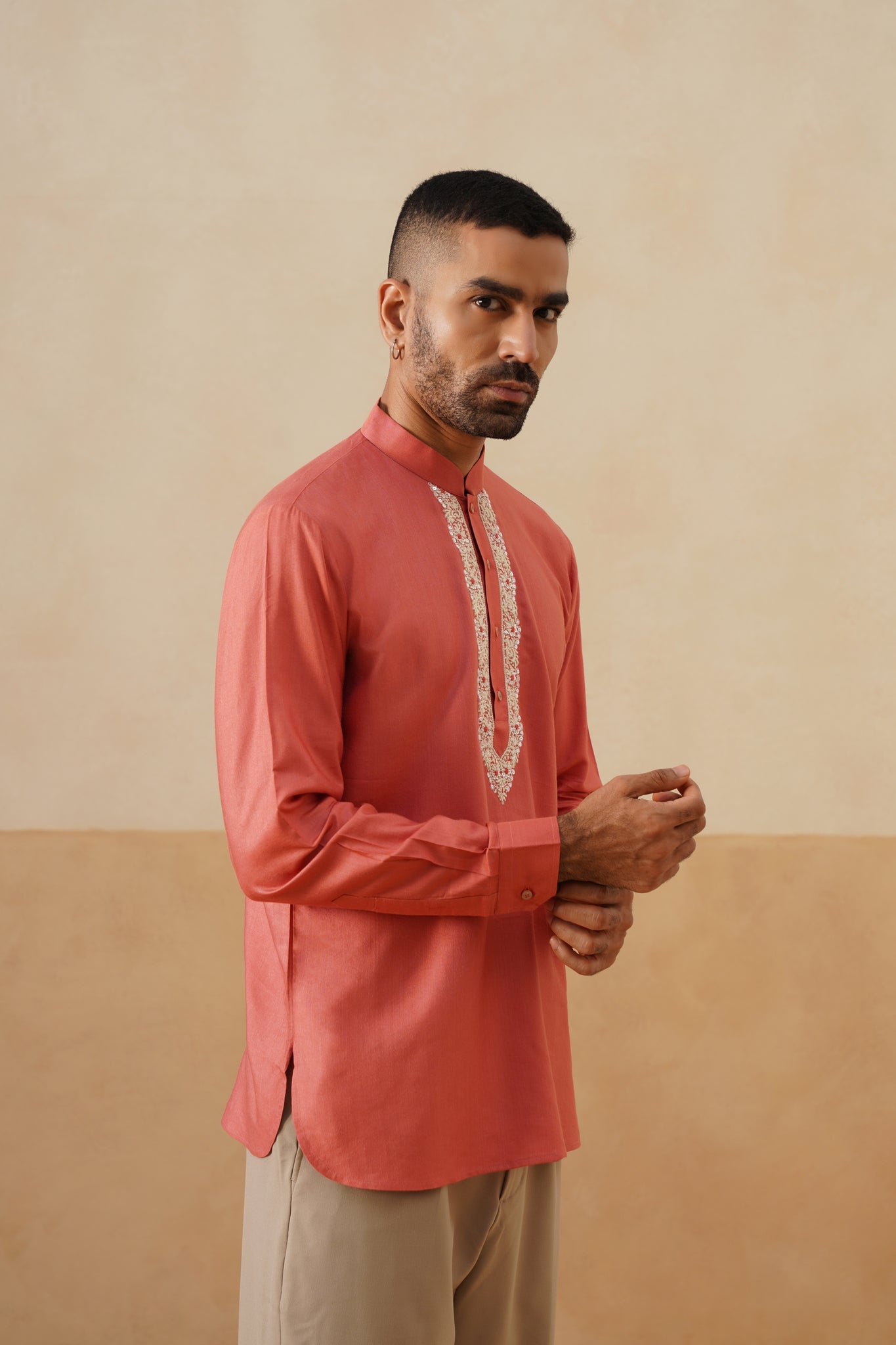 Coral Hand Embroidered Ethnic Shirt