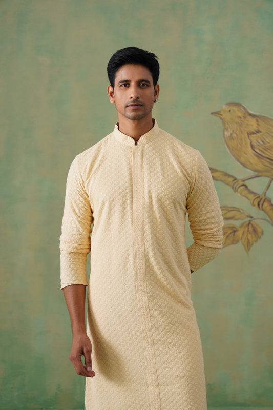 Cream Cotton Embroidered Kurta Set