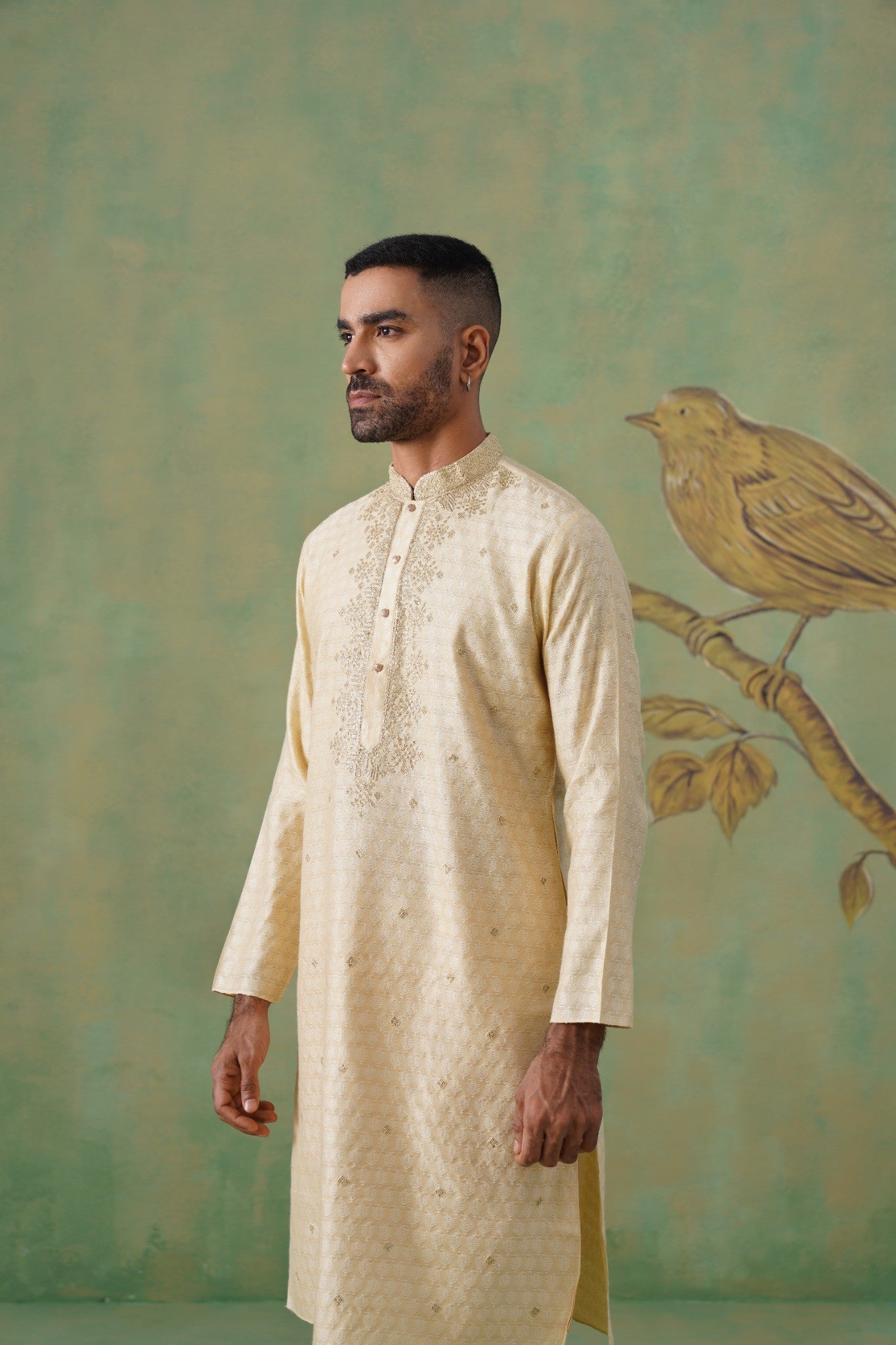 Golden Blended Silk Kurta Set with Hand Embroidery