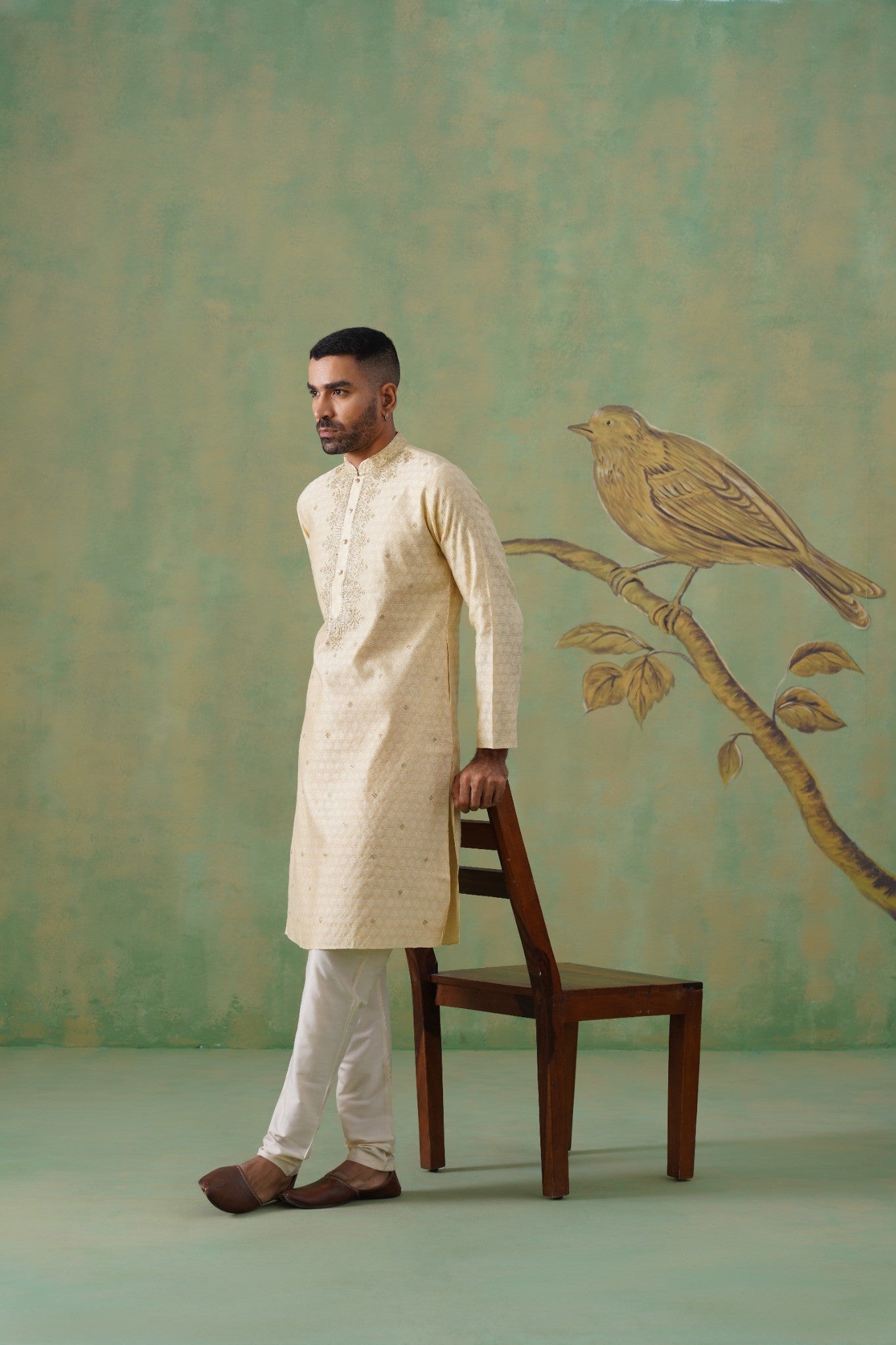 Golden Blended Silk Kurta Set with Hand Embroidery
