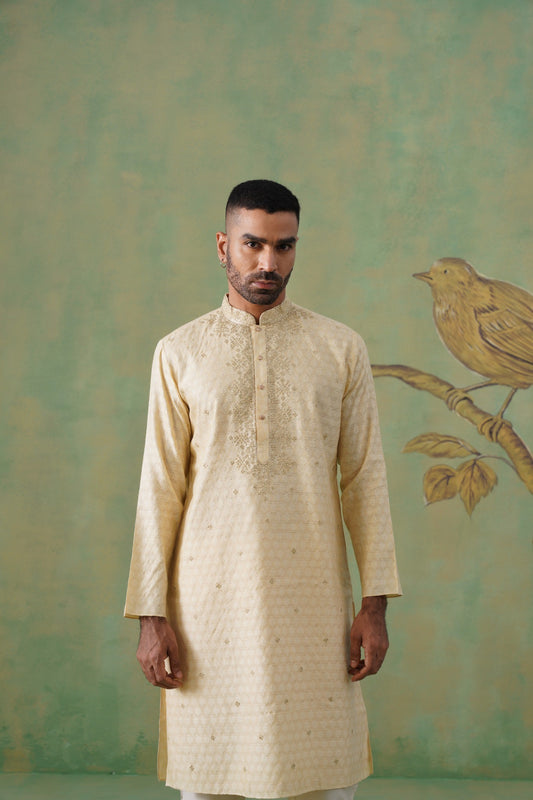Golden Blended Silk Kurta Set with Hand Embroidery