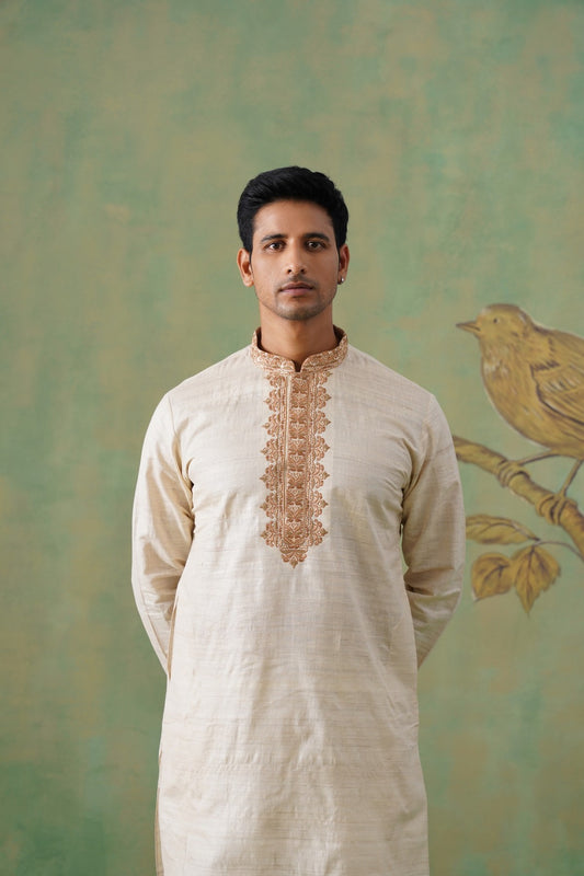 Man wearing a cream kurta with intricate embroidery against a green wall with a bird design.