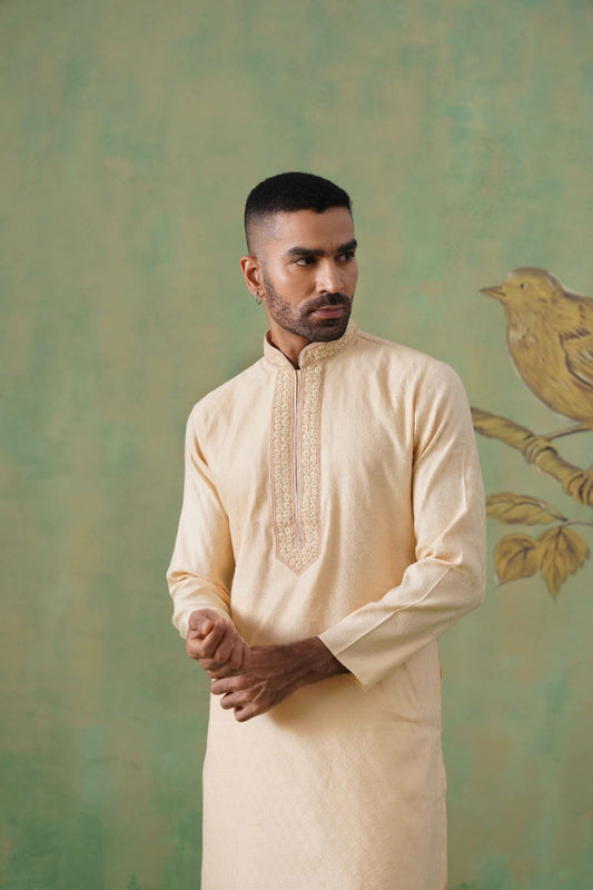 Men’s Cream Jacquard Hand-Embroidered Kurta Set
