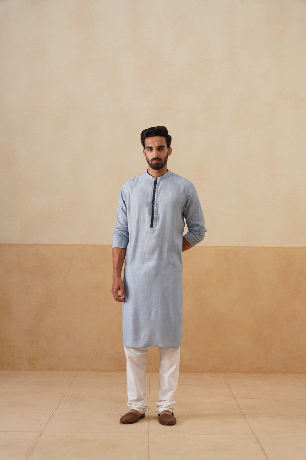 Powder Blue Kurta with Contrast Navy Blue Placket