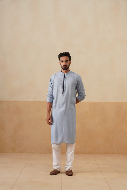 Powder Blue Kurta with Contrast Navy Blue Placket