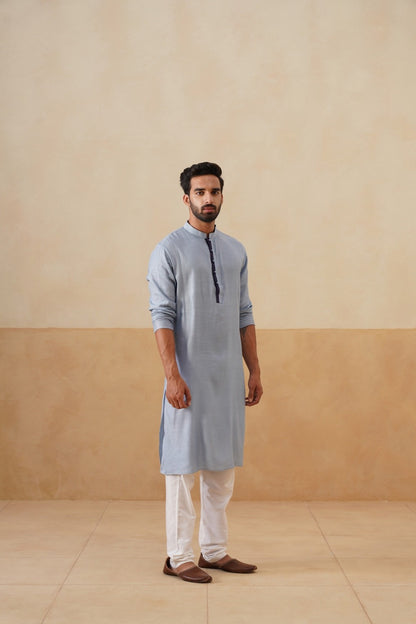 Powder Blue Kurta with Contrast Navy Blue Placket
