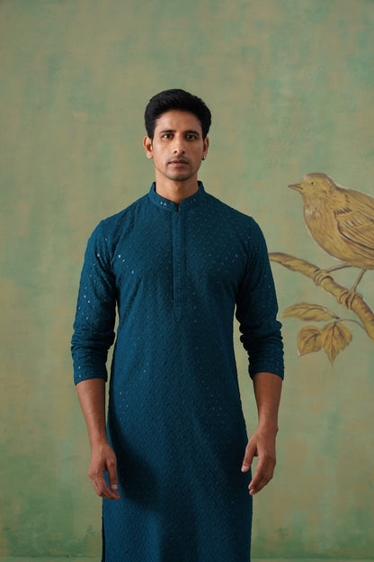 Teal Textured Sequin-Embellished Cotton Kurta Set