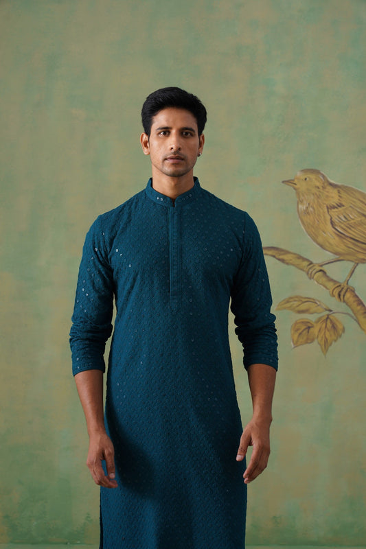 Teal Textured Sequin-Embellished Cotton Kurta Set