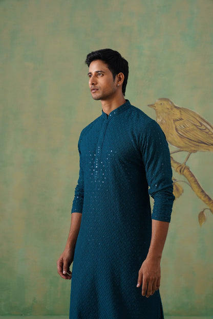 Teal Textured Sequin-Embellished Cotton Kurta Set