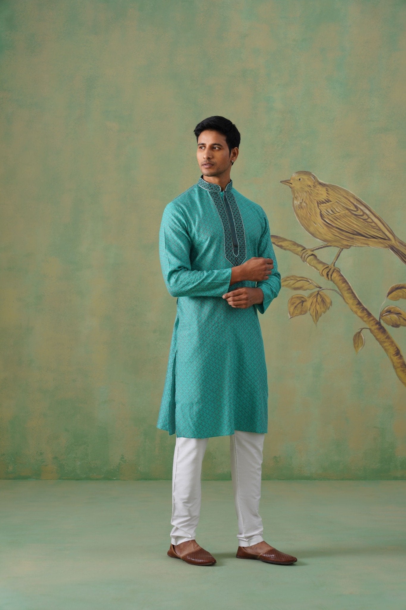 Turquoise Hand Embroidered Festive Kurta Set