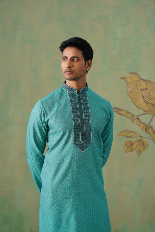 Turquoise Hand Embroidered Festive Kurta Set