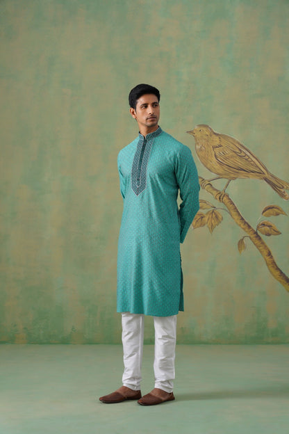 Turquoise Hand Embroidered Festive Kurta Set