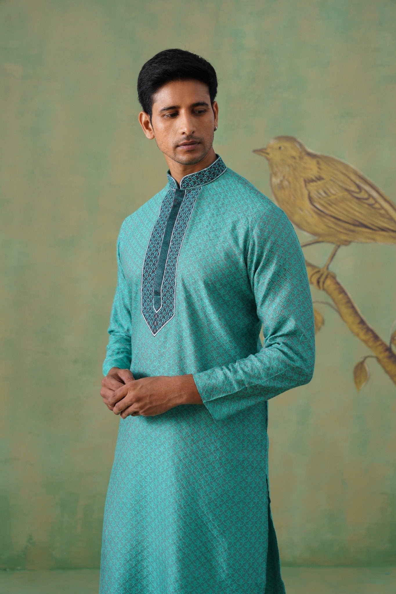 Turquoise Hand Embroidered Festive Kurta Set