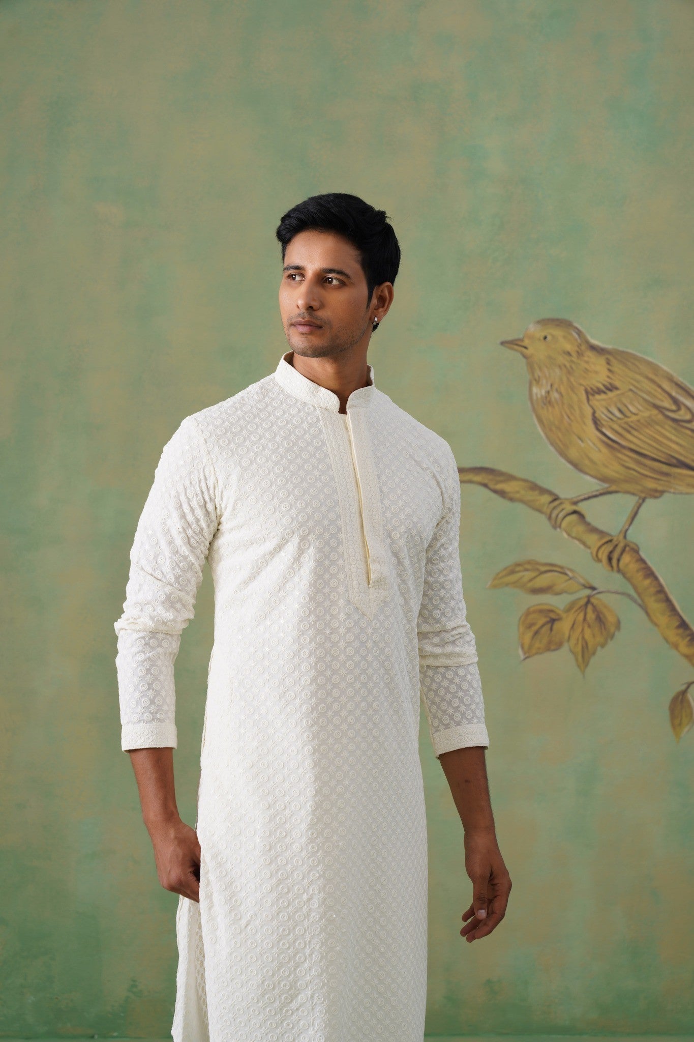 White Textured Embroidered Cotton Kurta Set