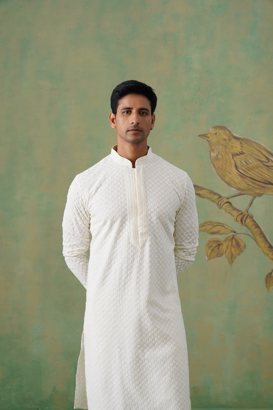 White Textured Embroidered Cotton Kurta Set