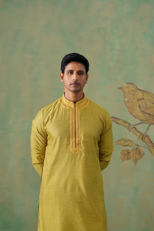 Yellow Jacquard Hand Embroidered Kurta Set