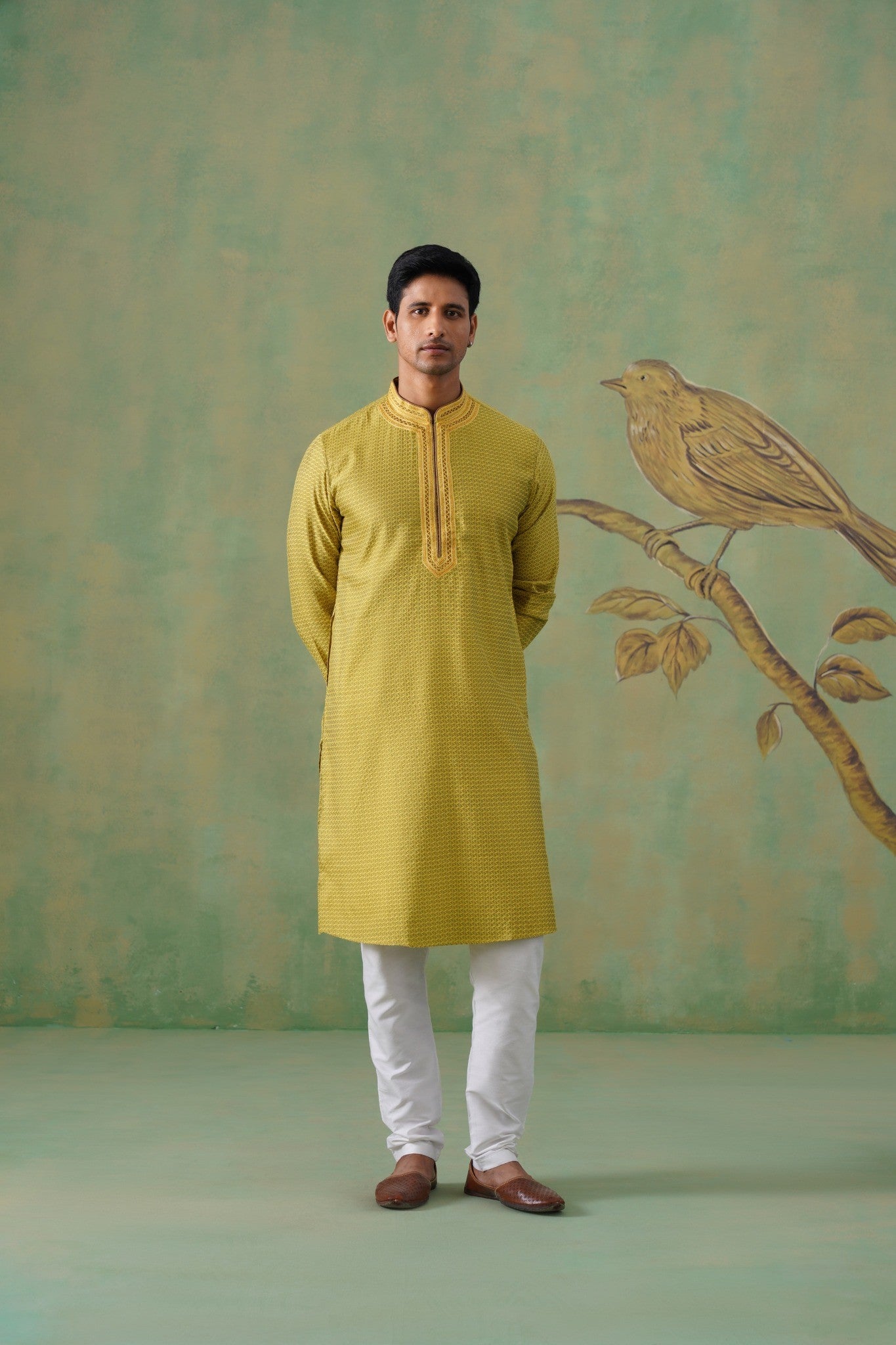Yellow Jacquard Hand Embroidered Kurta Set