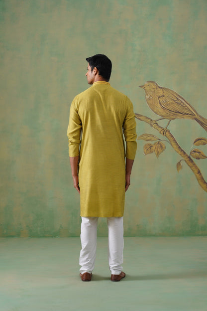 Yellow Jacquard Hand Embroidered Kurta Set