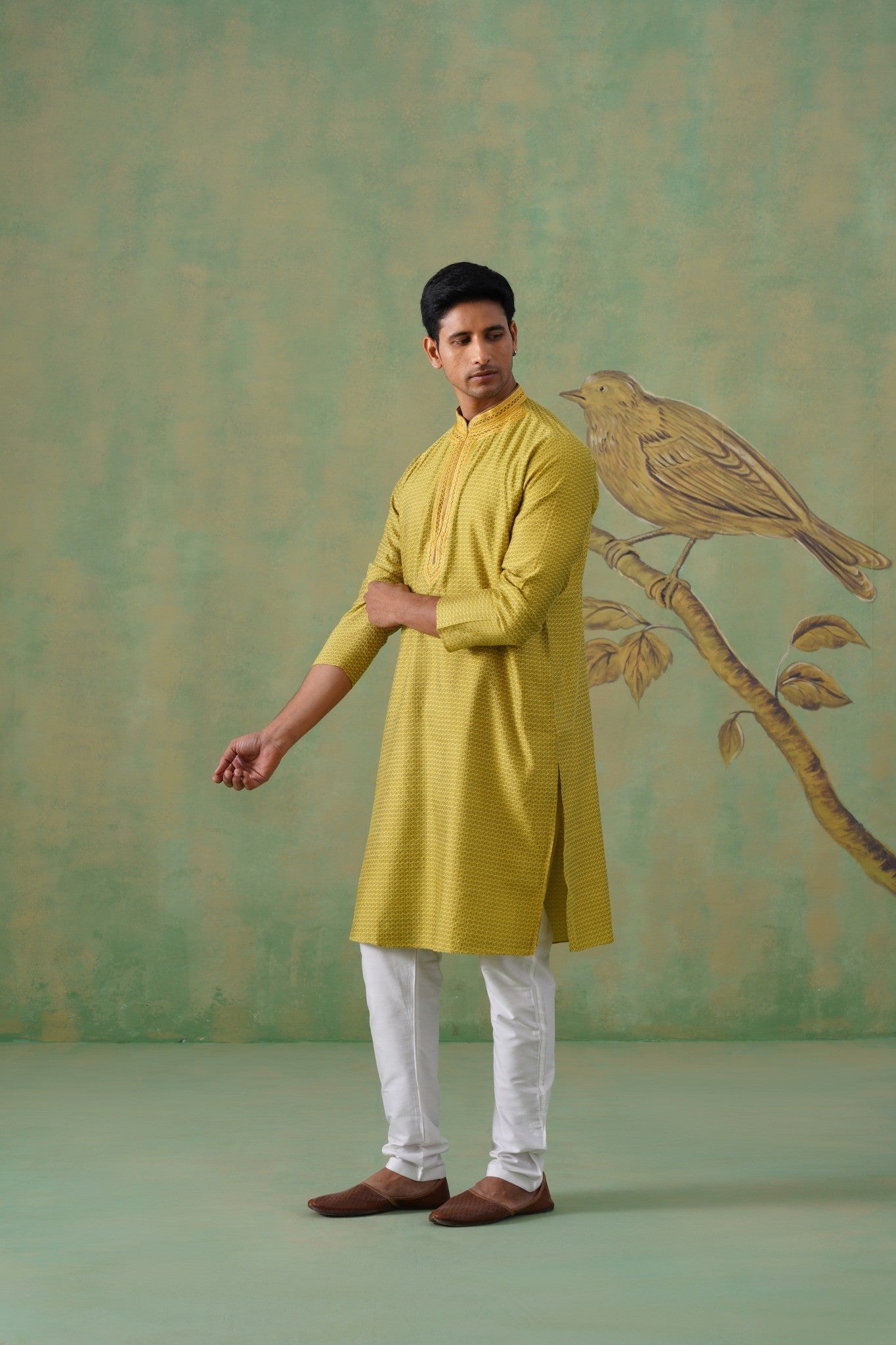 Yellow Jacquard Hand Embroidered Kurta Set