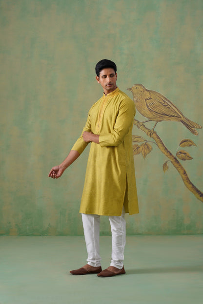 Yellow Jacquard Hand Embroidered Kurta Set