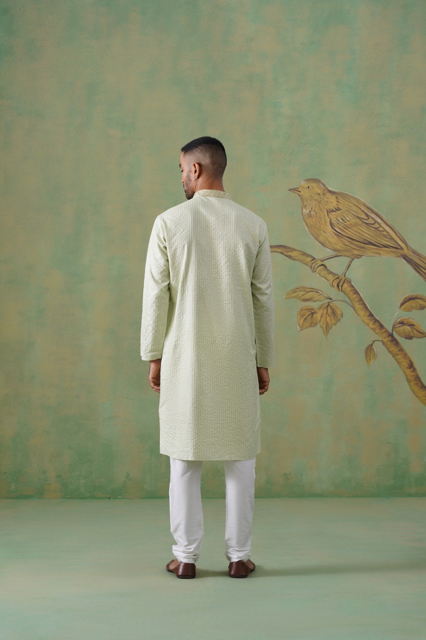 Pastel Pistachio Hand-Embroidered Cotton Blend Kurta Set
