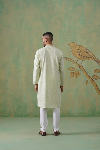 Pastel Pistachio Hand-Embroidered Cotton Blend Kurta Set