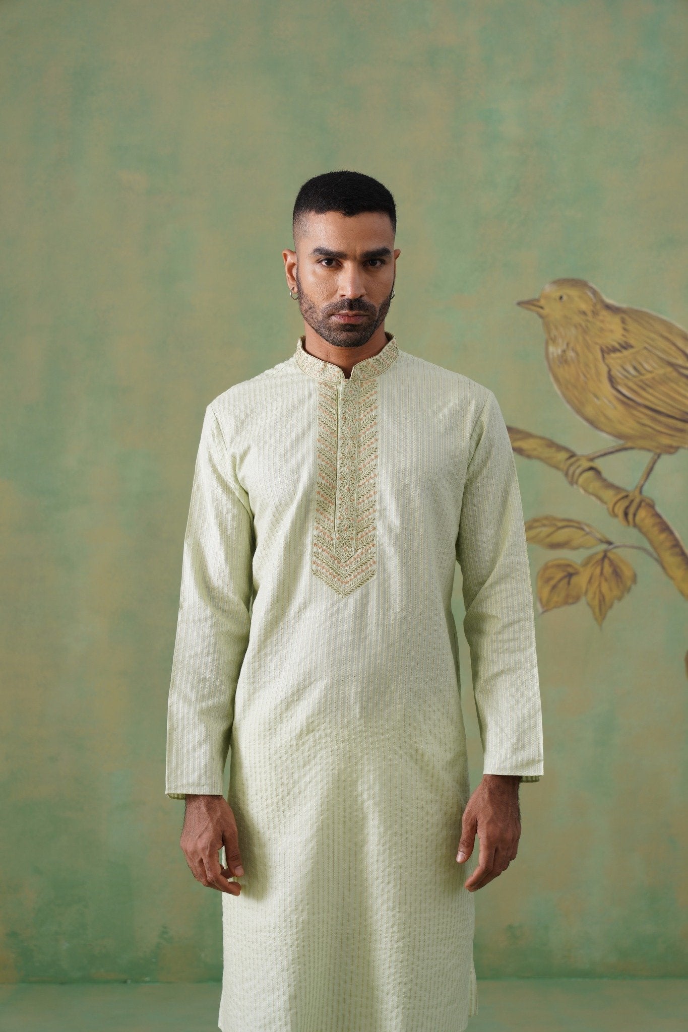 Pastel Pistachio Hand-Embroidered Cotton Blend Kurta Set