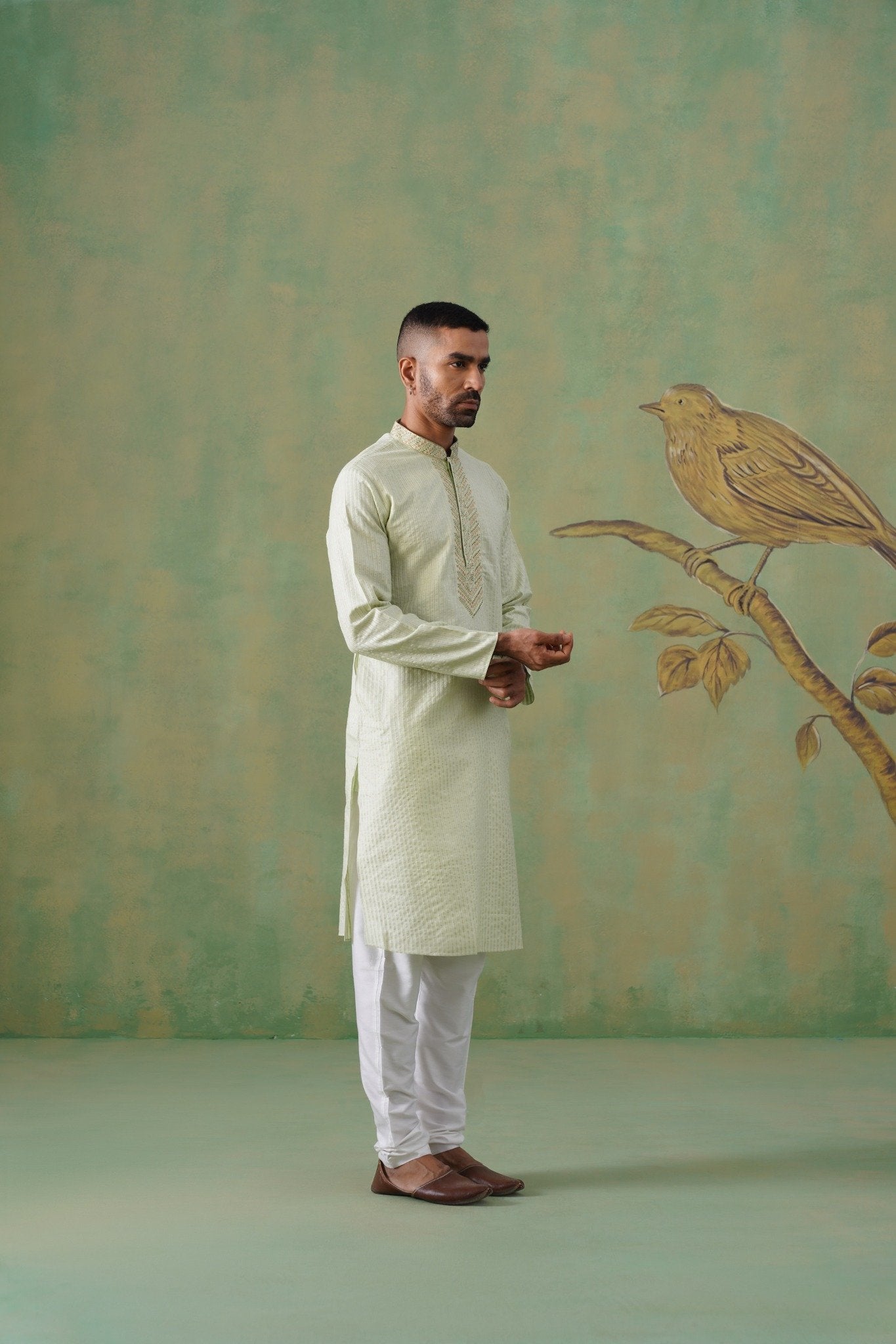 Pastel Pistachio Hand-Embroidered Cotton Blend Kurta Set