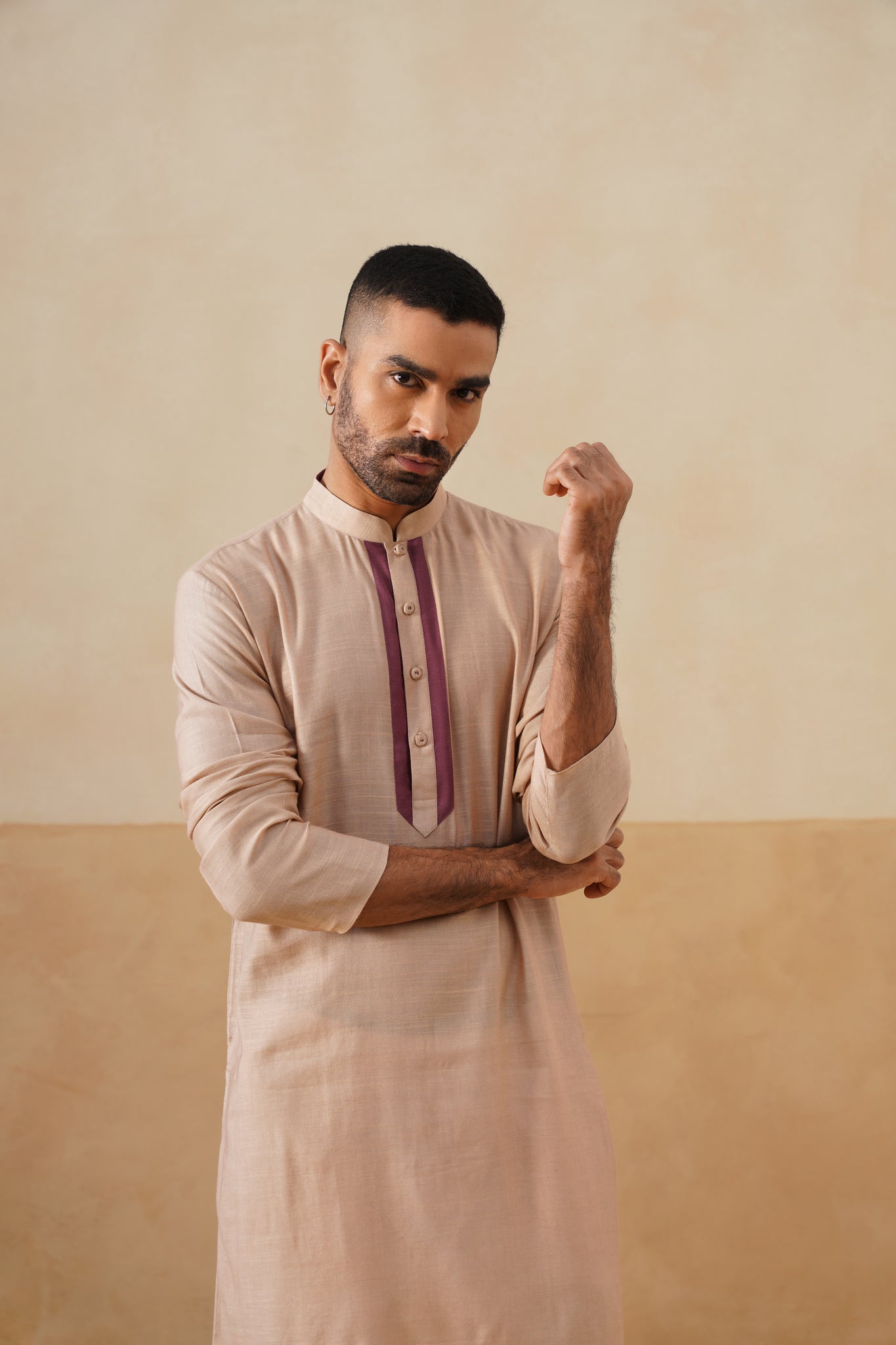 Light Beige Kurta with Plum Placket Detailing