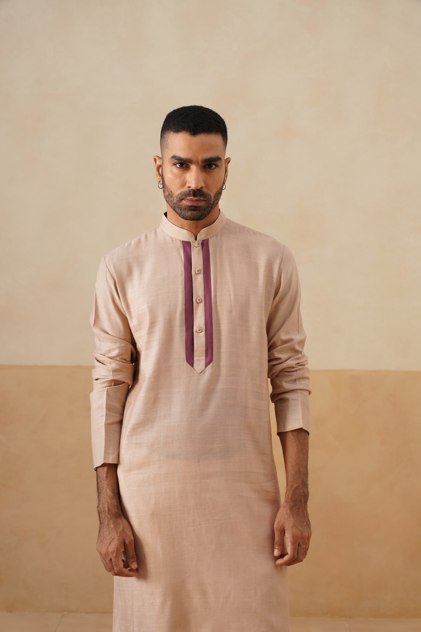 Light Beige Kurta with Plum Placket Detailing