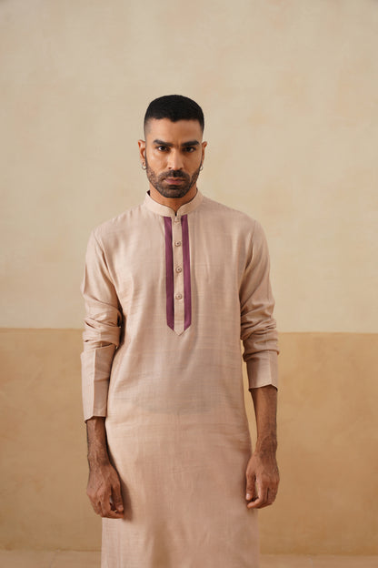Light Beige Kurta with Plum Placket Detailing