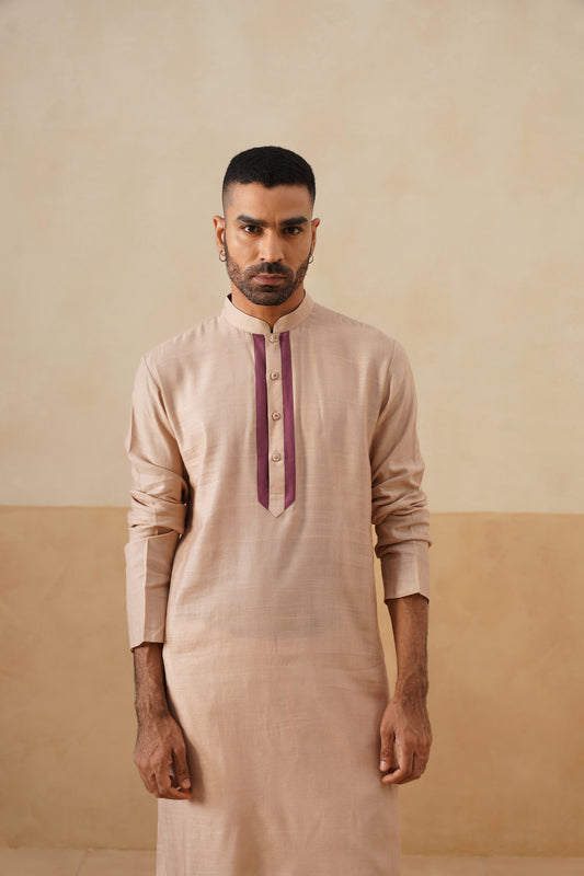Light Beige Kurta with Plum Placket Detailing