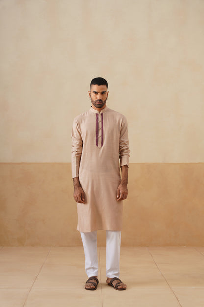 Light Beige Kurta with Plum Placket Detailing