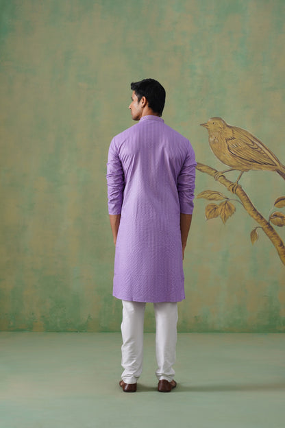 Lilac Striped Hand Embroidered Kurta Set