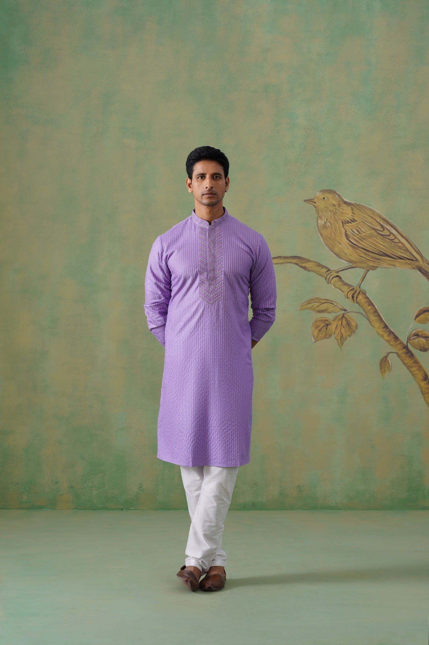 Lilac Striped Hand Embroidered Kurta Set