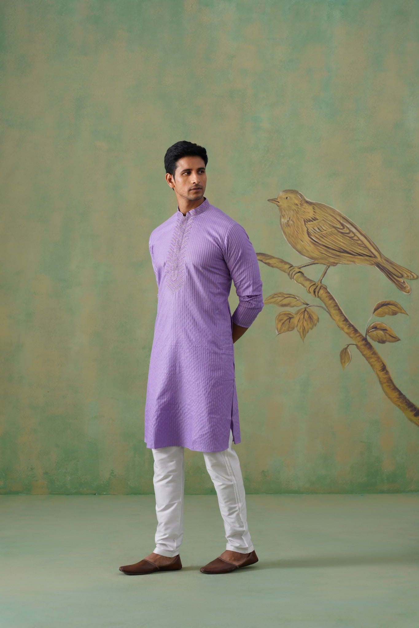 Lilac Striped Hand Embroidered Kurta Set