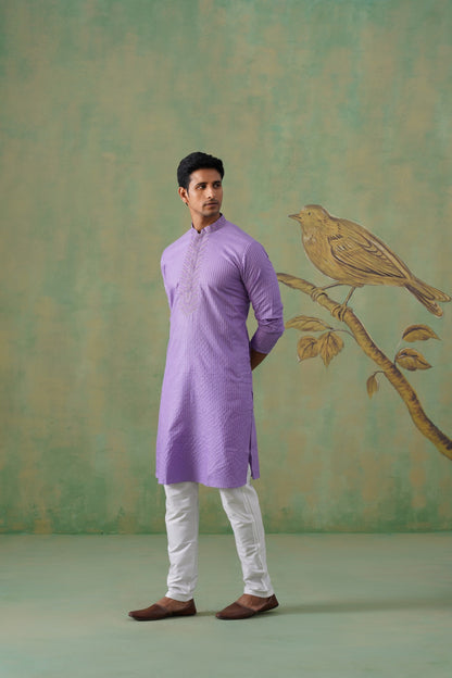 Lilac Striped Hand Embroidered Kurta Set