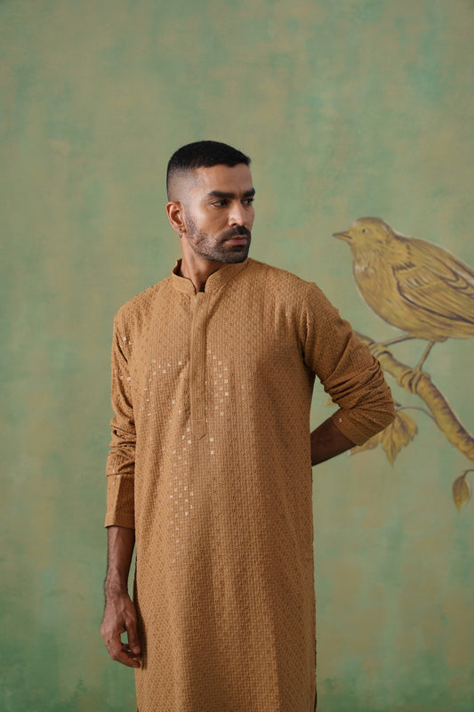 Brown Cotton Sequin Work Kurta Set