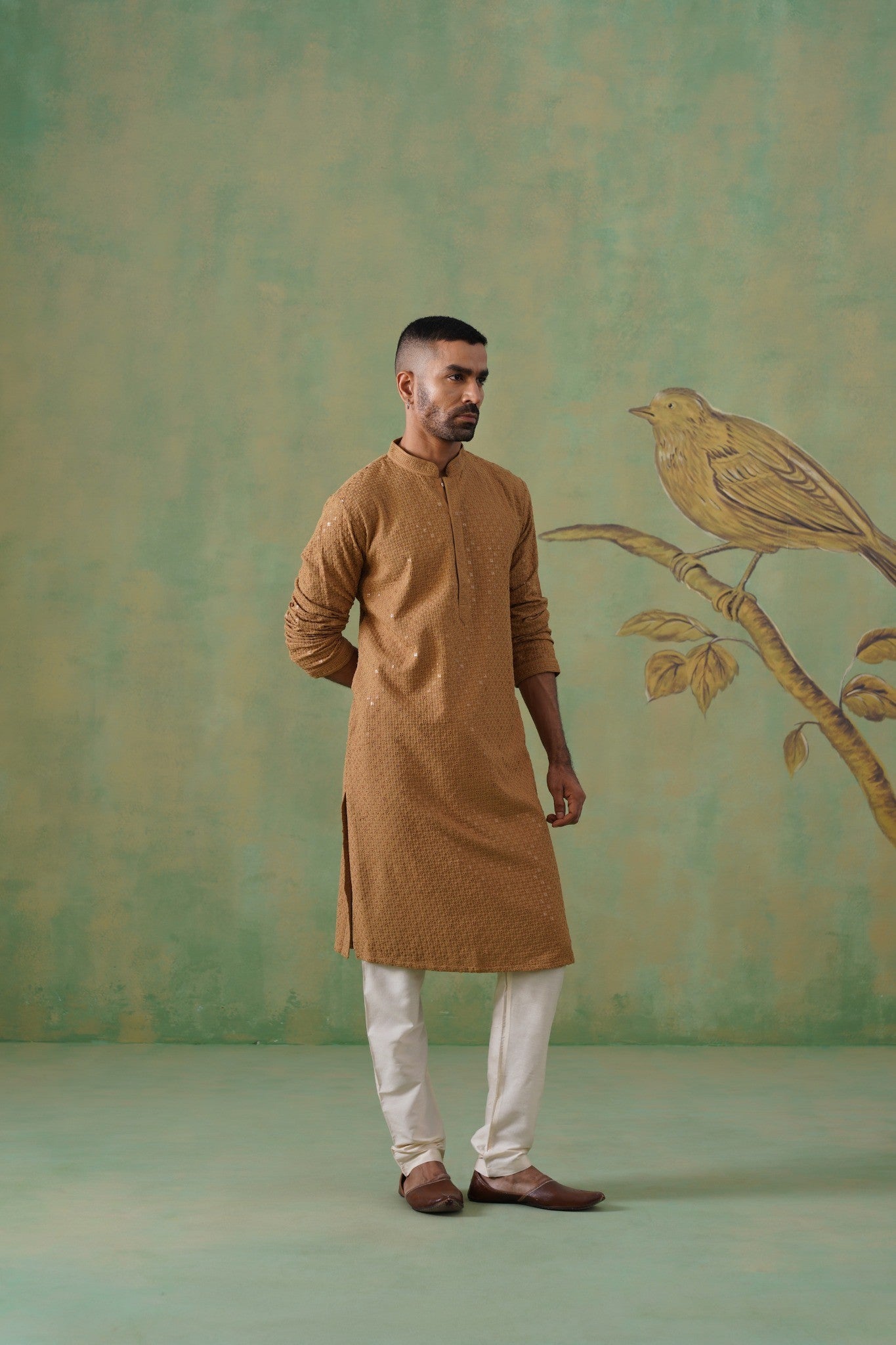 Brown Cotton Sequin Work Kurta Set