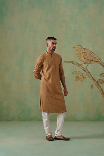 Brown Cotton Sequin Work Kurta Set