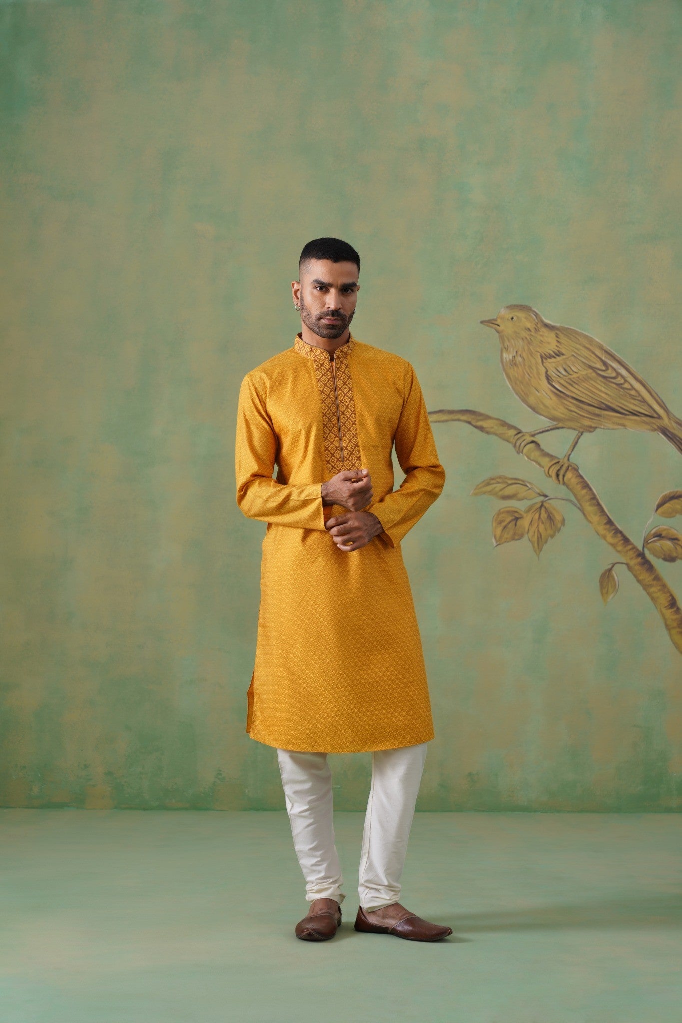 Mustard Jacquard Kurta Set with Embroidery